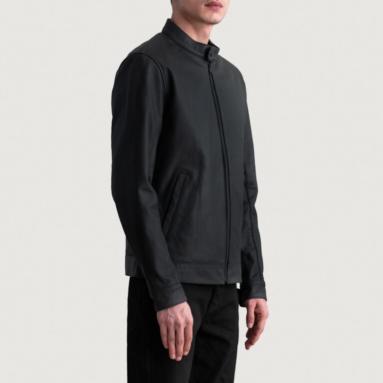 Mens Zen Matte Black Leather Biker Jacket Side Pose-3-1724073713518